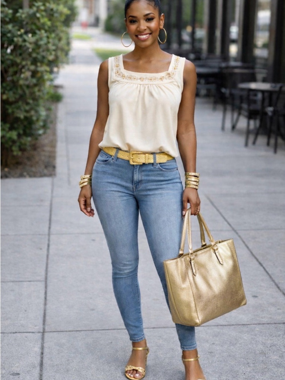 LOFT Cream Knit Top with Subtle Gold Accent